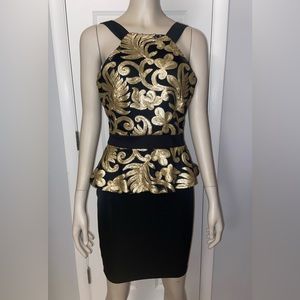 One of a Kind: Black and Gold Scroll-Print Sequin Peplum Dress
